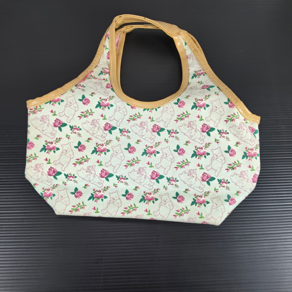 Disney Winnie the‎ Pooh Floral Canvas Tote Bag Pink Roses Tan Trim Small Handbag